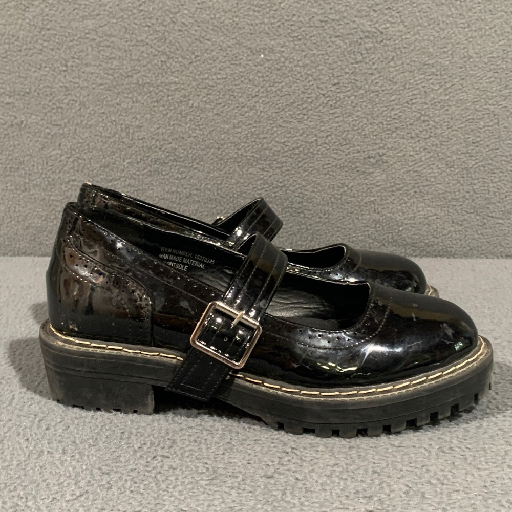Black Patent Mary Jane Lug Sole Brogue Shoes Extra Wide 7WW‎ 15370335